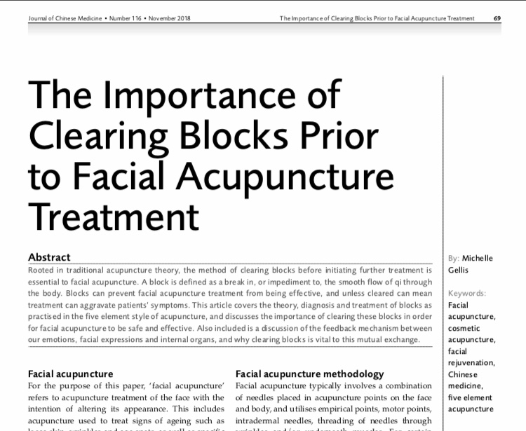 Importance of Clearing Blocks Prior to Facial Acupuncture Treatment JCM article-Michelle Gellis